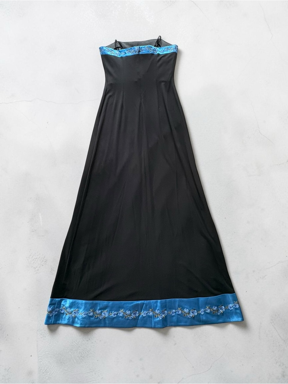 VTG Papell Boutique Evening Strapless Maxi Dress Size 6 Black W/ Blue Satin Trim - Picture 10 of 16